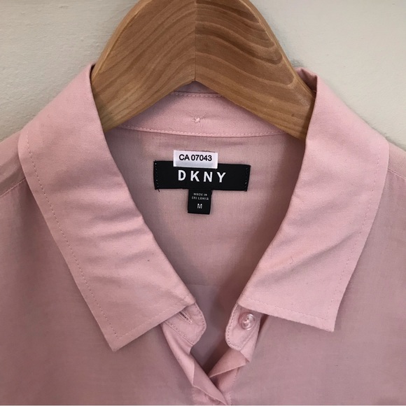 DKNY | Button Down Long Sleeve Pink Shirt Dress w/ Silver Accents & Pockets - Picture 11 of 16